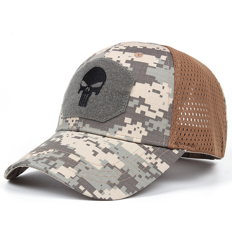 Sombrero de camuflaje personalizado con gorra de béisbol con camuflaje de calavera y 6 paneles