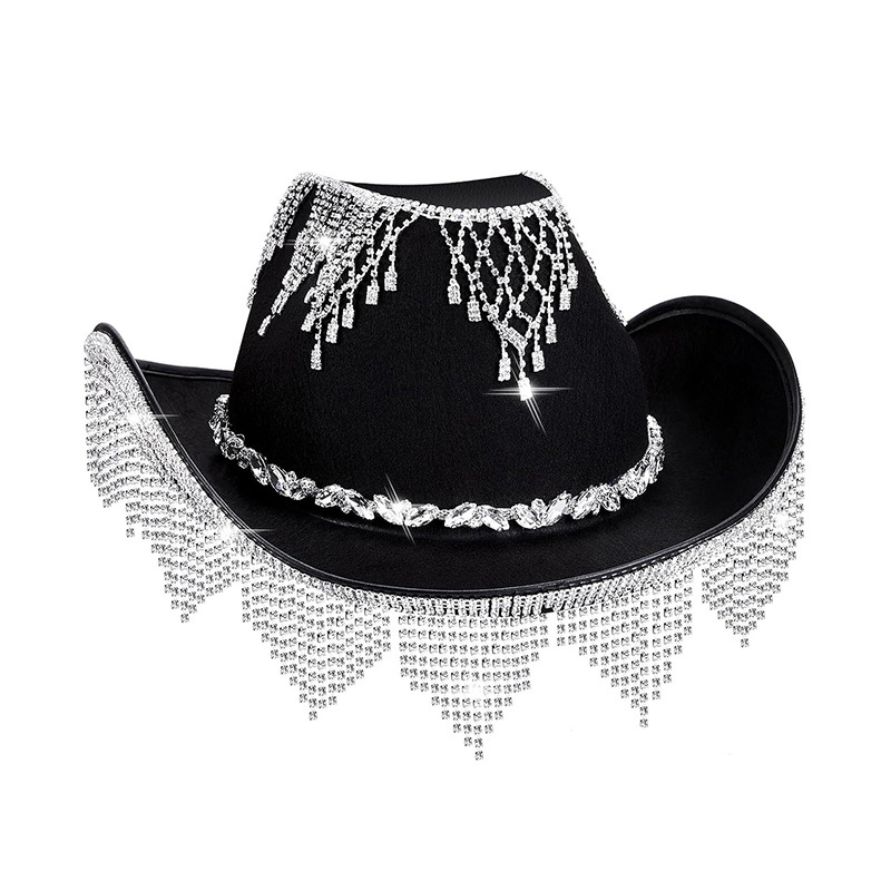 Sombrero de vaquero con flecos y brillo de diamantes brillantes