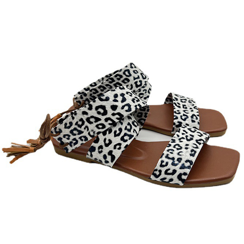 Sandalias planas de playa de verano de leopardo de moda para mujer