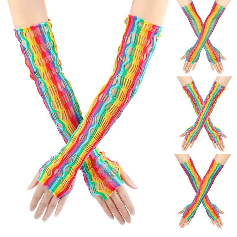 Fiesta Long Fishnet Rainbow Guantes