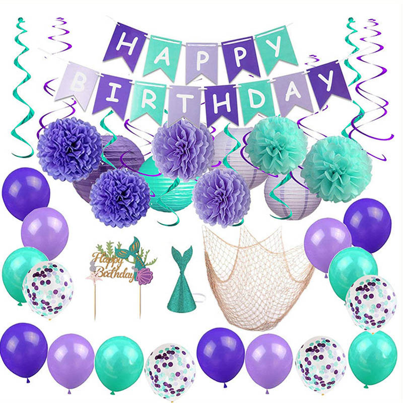 Pom Girls Banner Globos Fish Net Cumpleaños Sirena Set