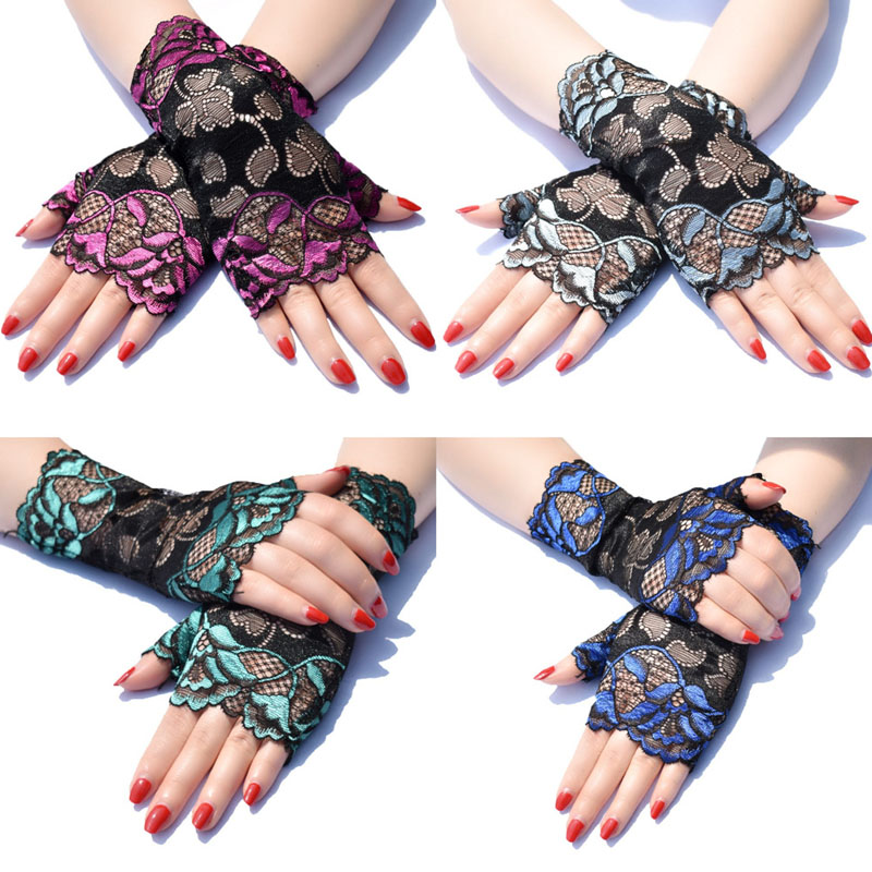 Guantes de manga sin dedo de encaje de doble color corto